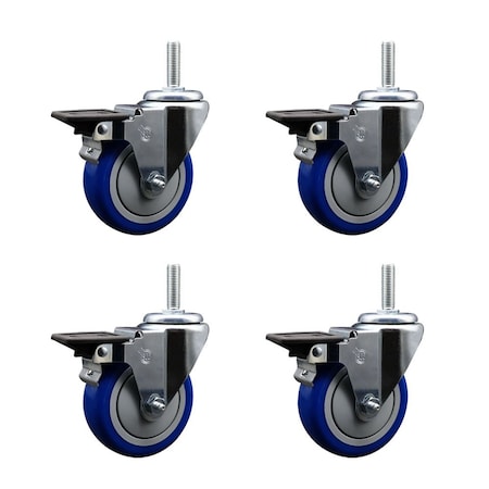 Service Caster 4 Inch Blue Polyurethane Wheel Swivel 34 Inch Threaded Stem Caster Set with Brake SCC SCC-TS20S414-PPUB-BLUE-PLB-34212-4